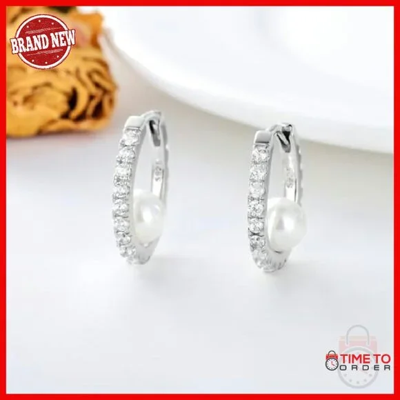 Sterling Silver Hoop Earrings with Pearl and Moissanite Halo Setting